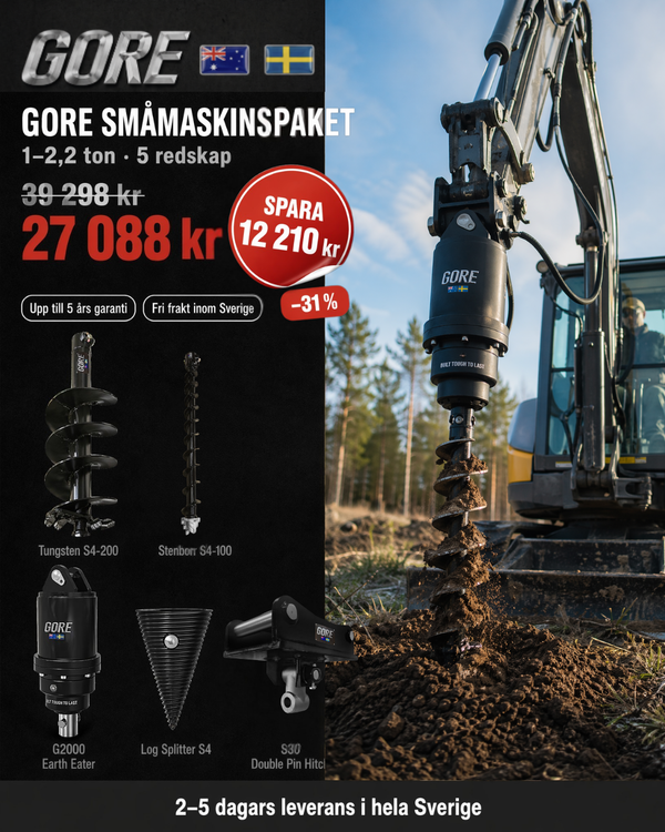 GORE Småmaskinspaket 1–2,2 ton: Jordborr, Trädklyv & S30-Fäste - frontvy mot vit bakgrund