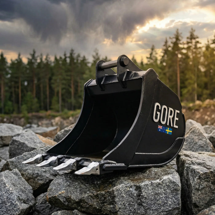 GORE grävskopa gräver i stenig mark på byggarbetsplats